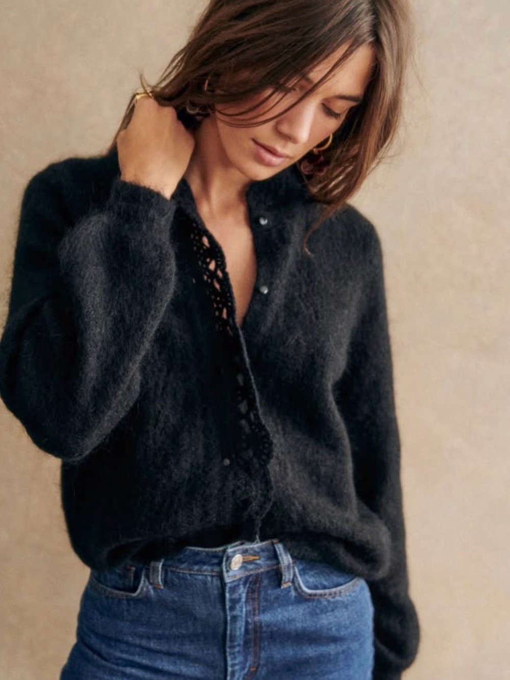 Sezane Angie Black Scalloped Edge Cardigan Sweater